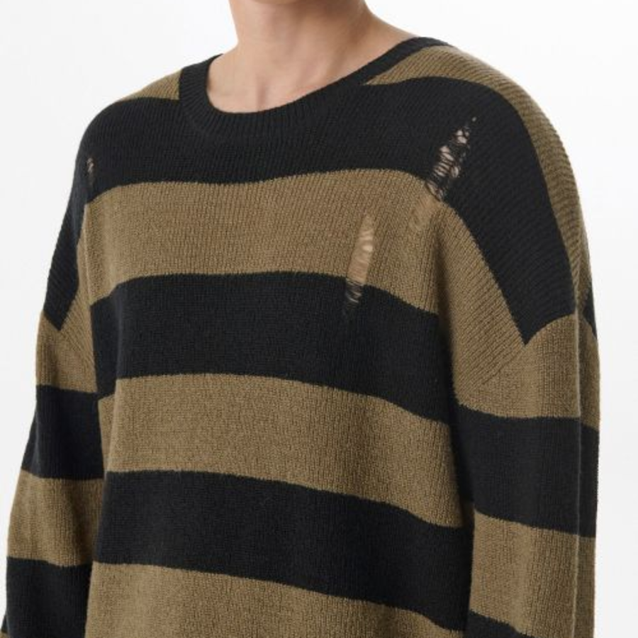 90s Grunge Stripe Crew Neck Knit [Beige/Black]