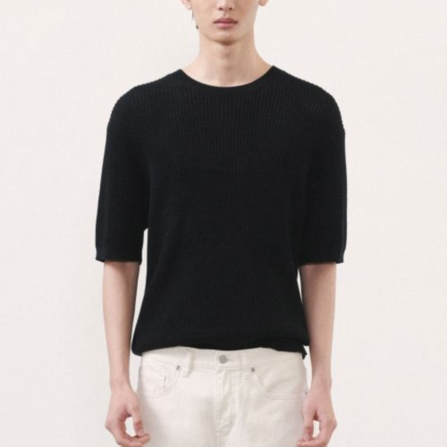 Crochet Crew Neck Short Sleeve Knit [Black]