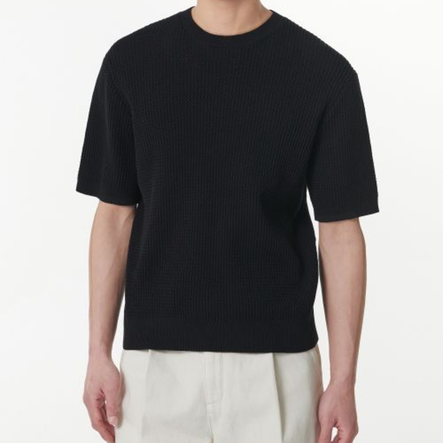 Crochet Crew Neck Short Sleeve Knit [Black]
