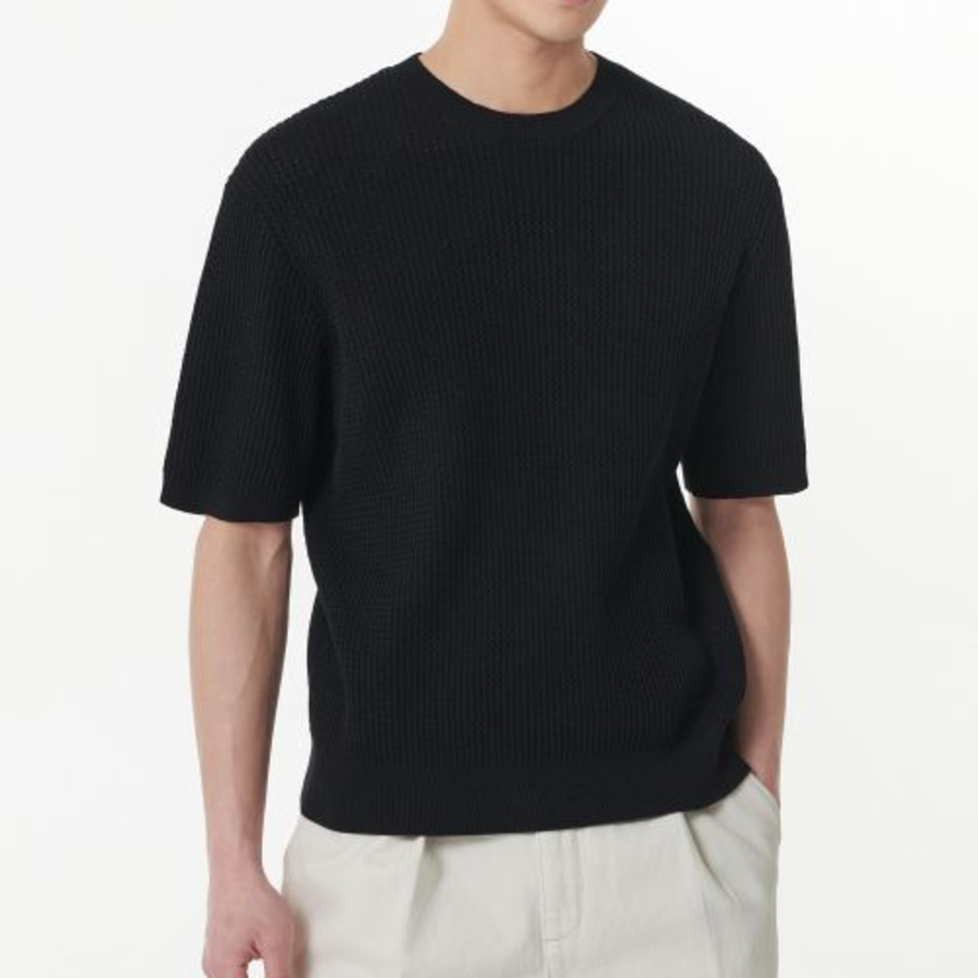 Crochet Crew Neck Short Sleeve Knit [Black]
