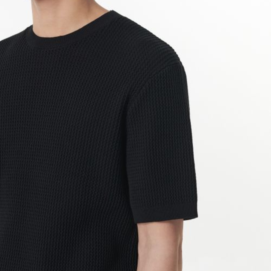 Crochet Crew Neck Short Sleeve Knit [Black]