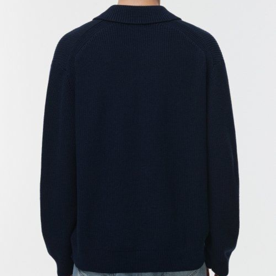 Cotton Ribbed Collared Knit [Navy]