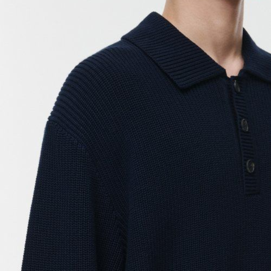 Cotton Ribbed Collared Knit [Navy]