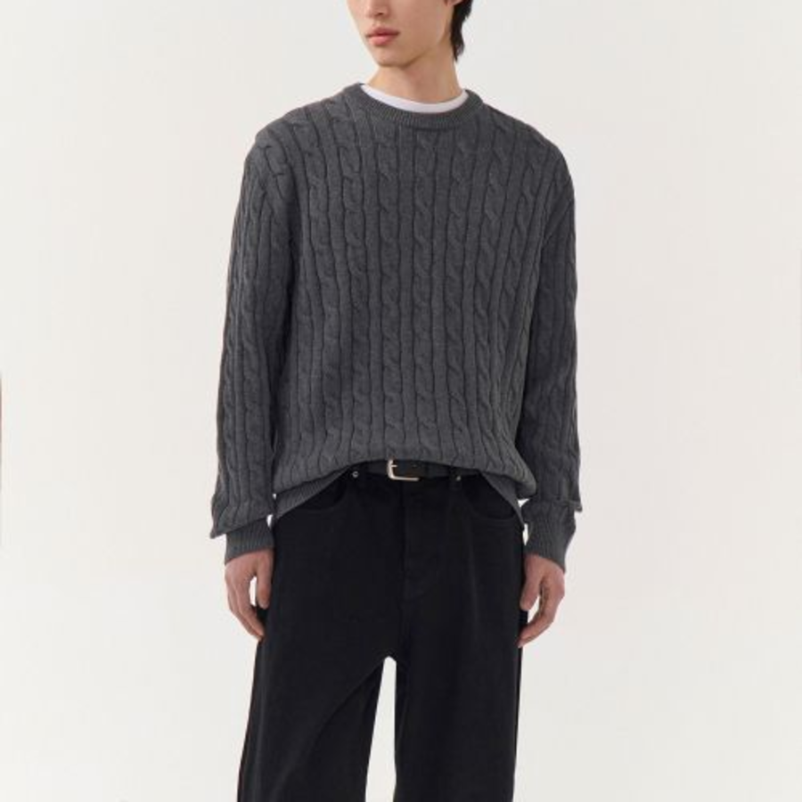 Cotton Cable Crew Neck Knit [Grey]