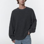 Cotton Ribbed Crew Neck Knit [Grey]