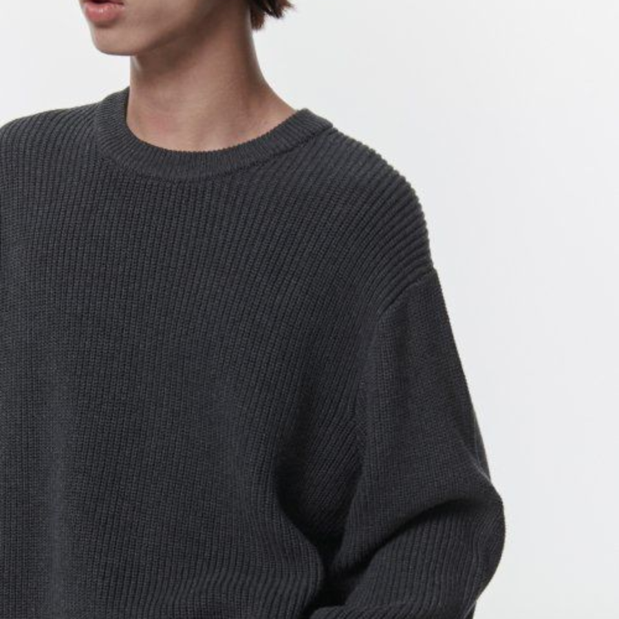 Cotton Ribbed Crew Neck Knit [Grey]