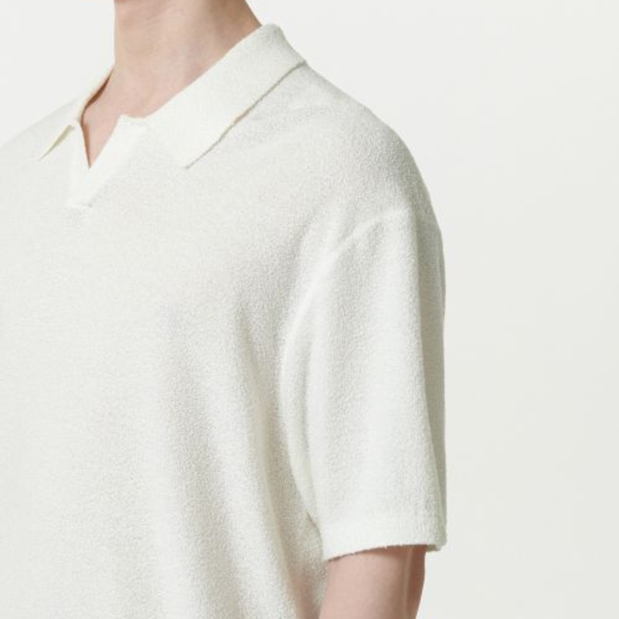 Bouclé Slit Neck Knitted Polo Shirt [Ivory]