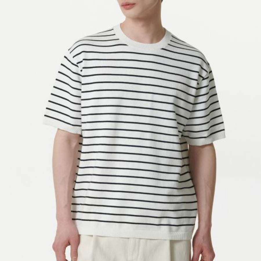 Stripe Crew Neck Short Sleeve Knit [White/Black]