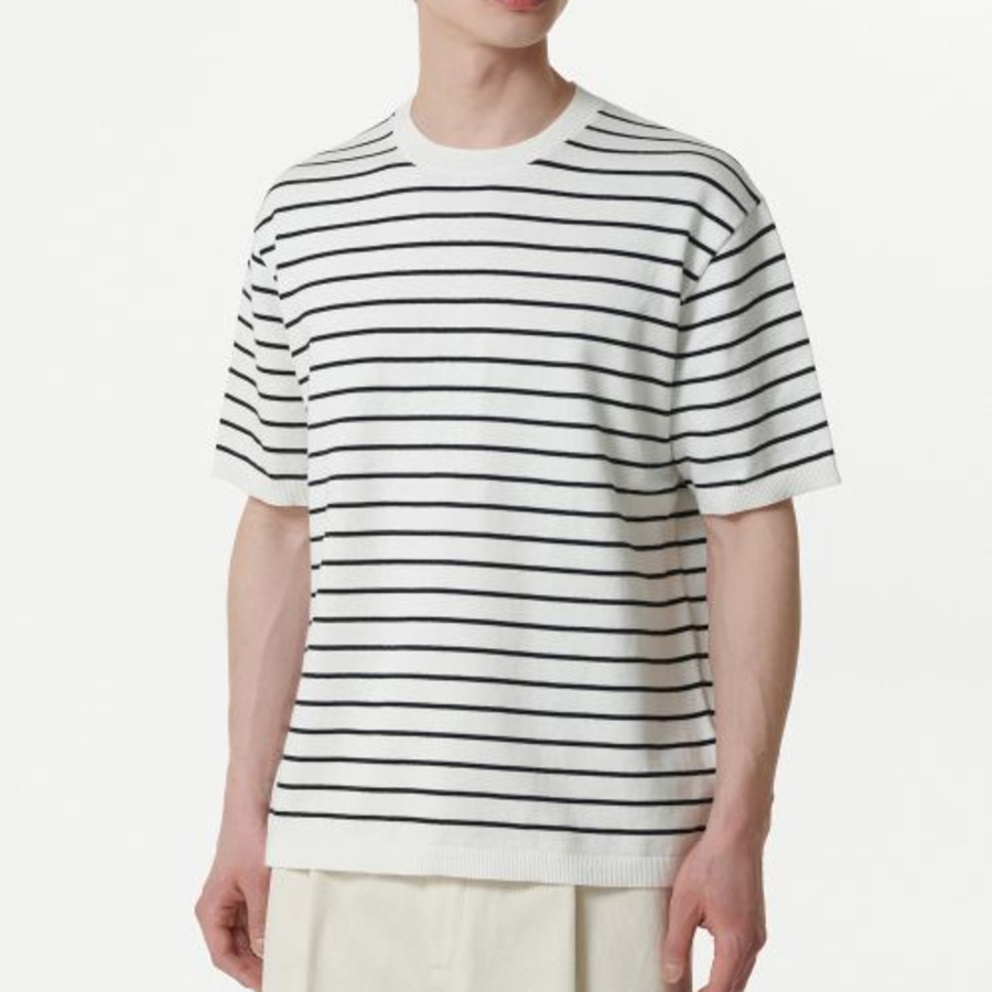 Stripe Crew Neck Short Sleeve Knit [White/Black]