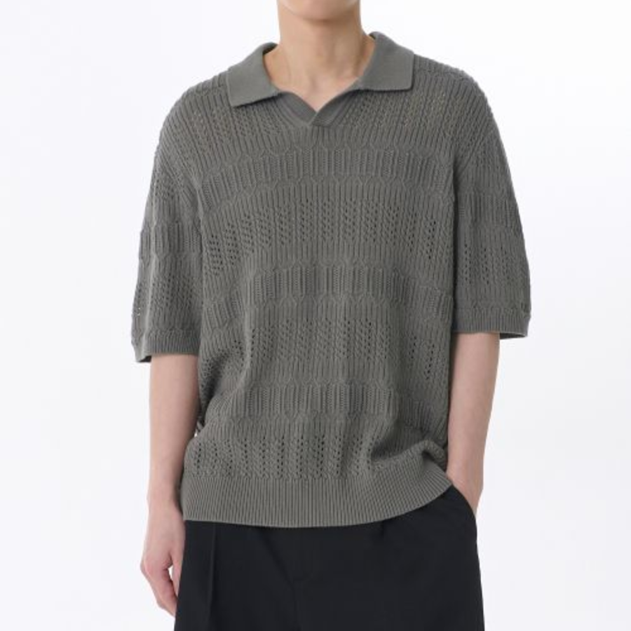 Multi Crochet Slit Neck Knitted Polo Shirt [Khaki Grey]