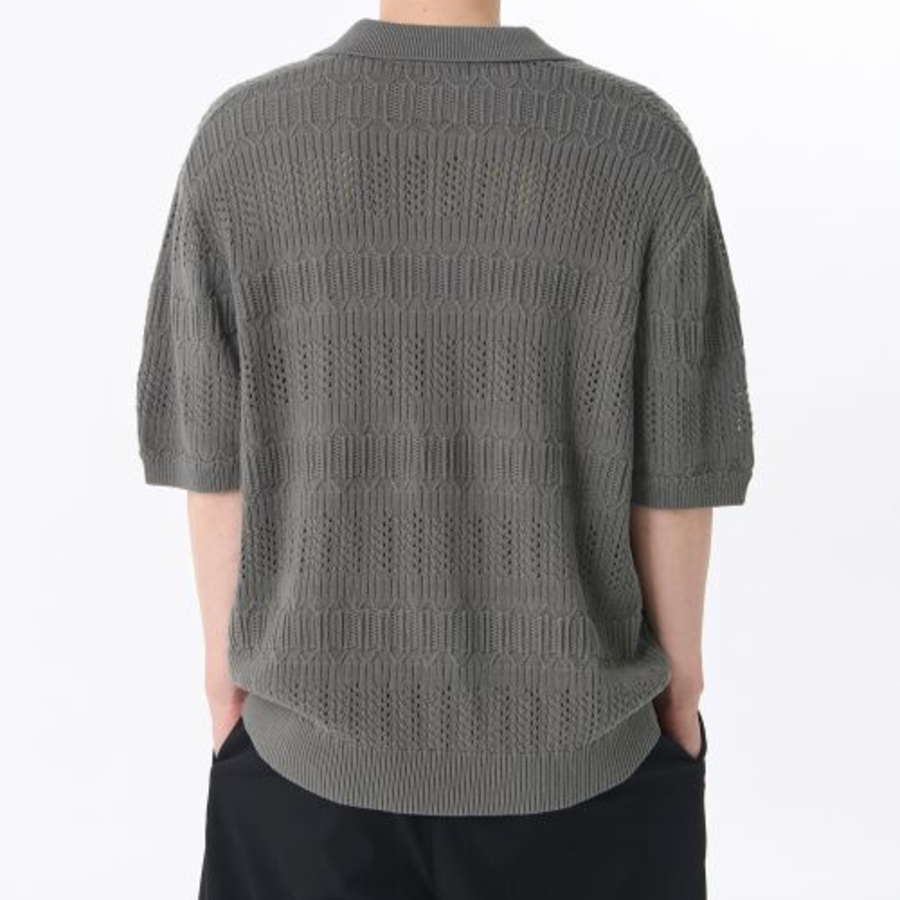 Multi Crochet Slit Neck Knitted Polo Shirt [Khaki Grey]