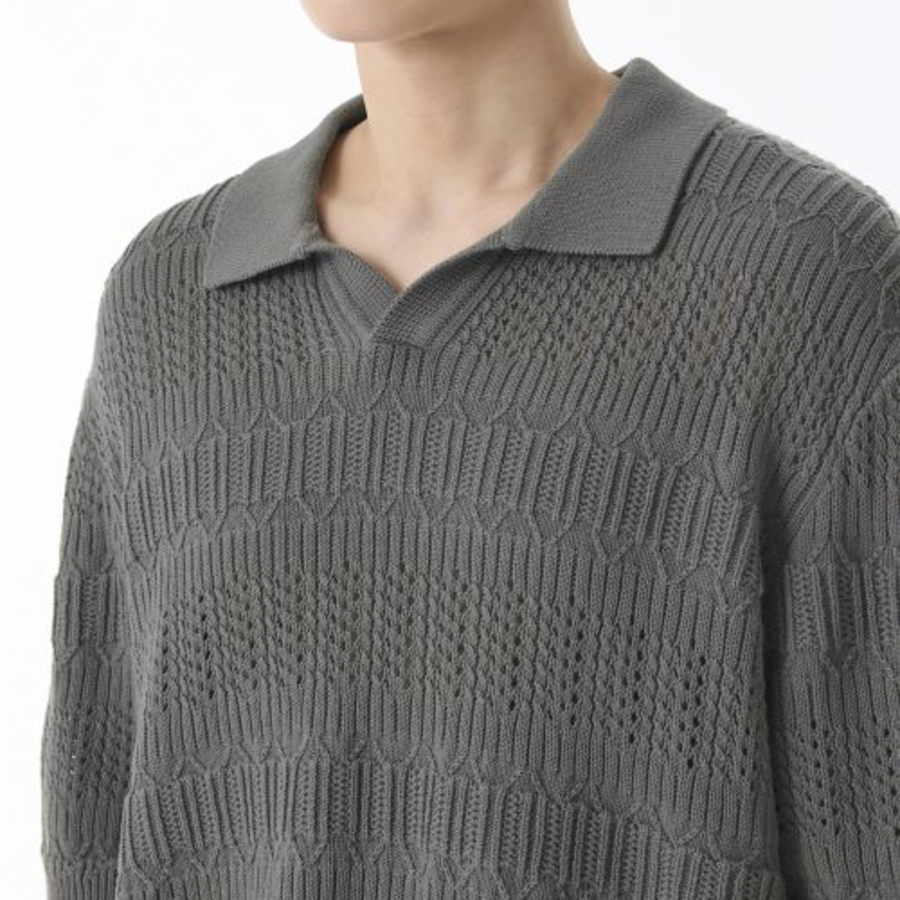 Multi Crochet Slit Neck Knitted Polo Shirt [Khaki Grey]