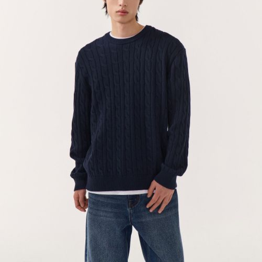 Cotton Cable Crew Neck Knit [Navy]