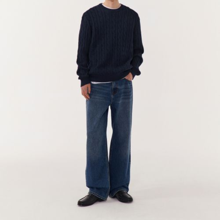 Cotton Cable Crew Neck Knit [Navy]