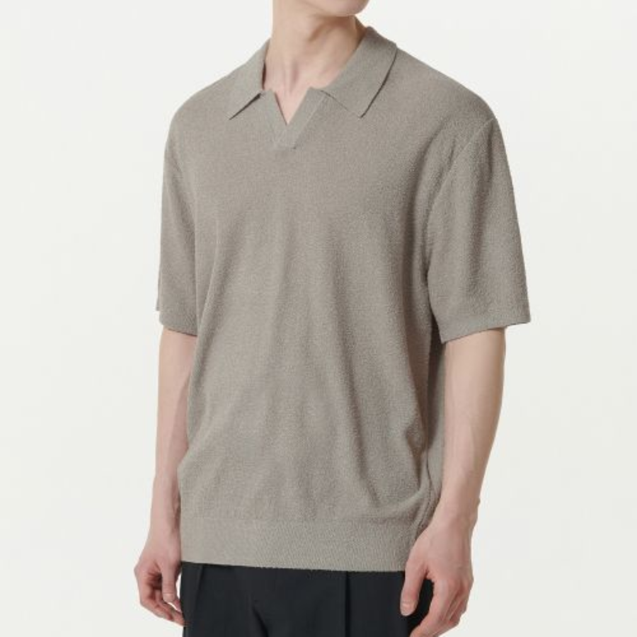 Bouclé Slit Neck Knitted Polo Shirt [Light Grey]