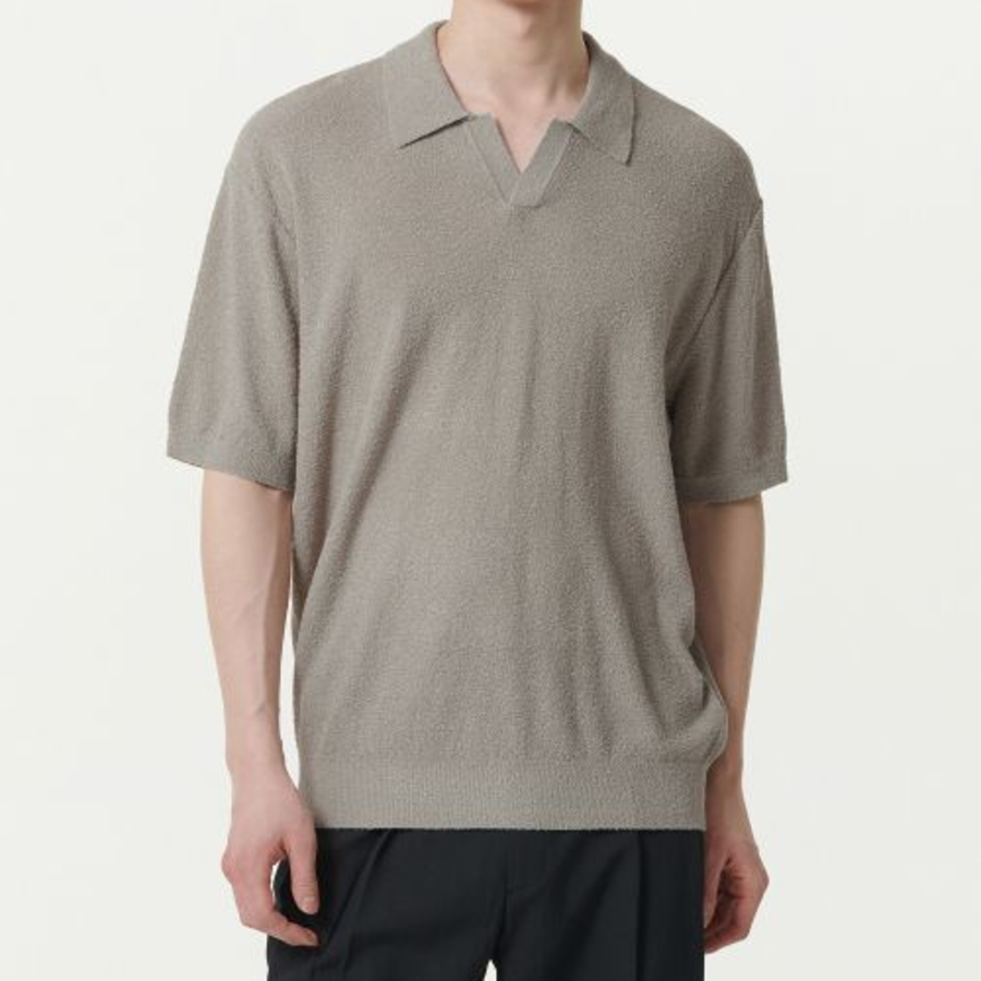 Bouclé Slit Neck Knitted Polo Shirt [Light Grey]