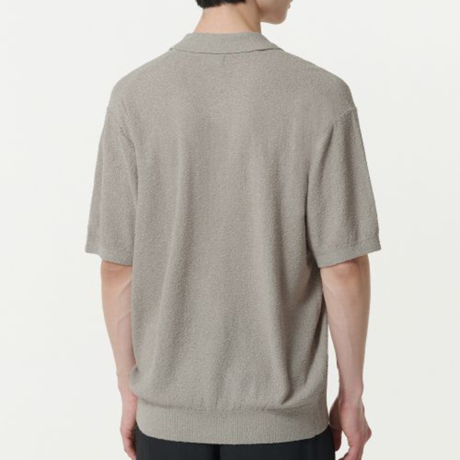 Bouclé Slit Neck Knitted Polo Shirt [Light Grey]