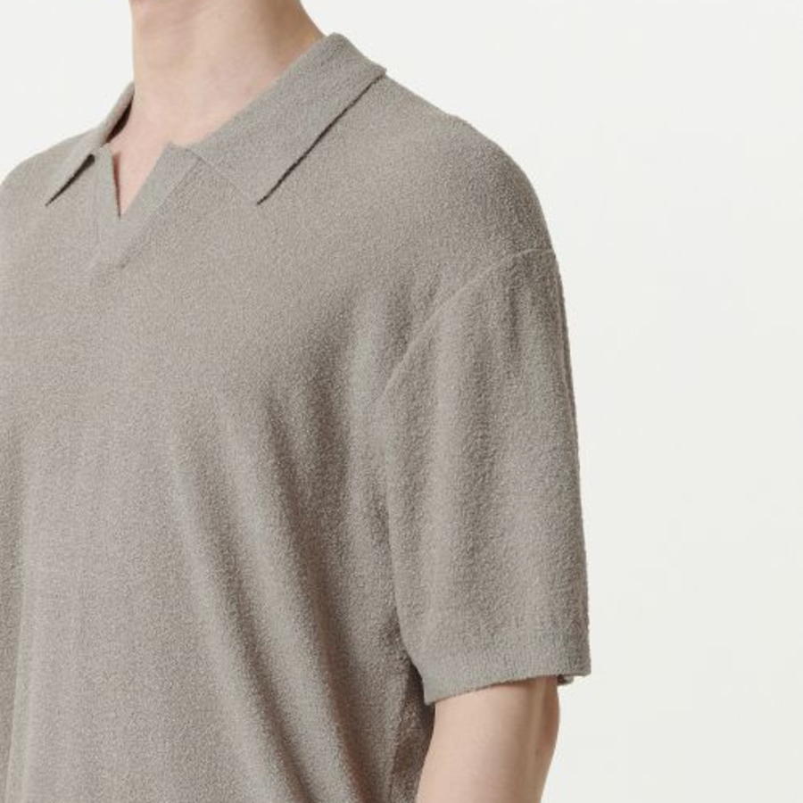 Bouclé Slit Neck Knitted Polo Shirt [Light Grey]