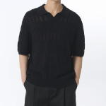 Multi Crochet Slit Neck Knitted Polo Shirt [Black]