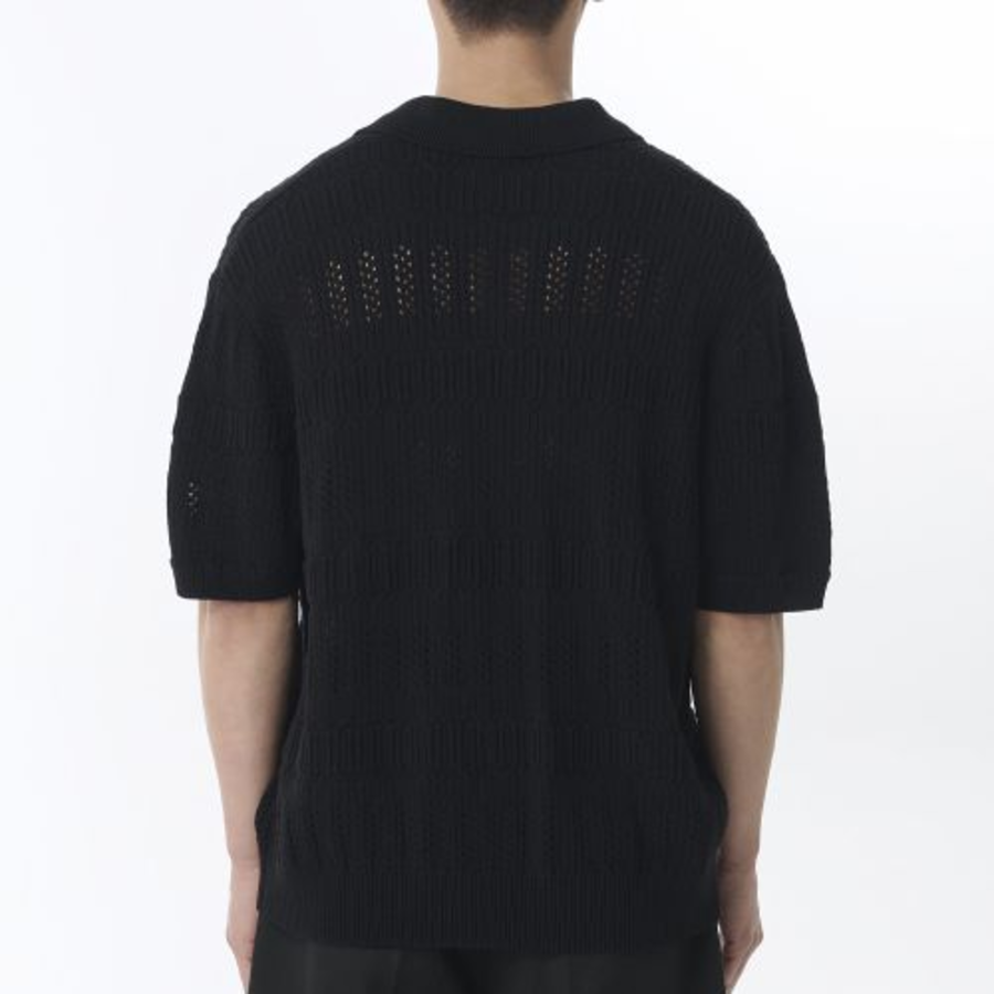 Multi Crochet Slit Neck Knitted Polo Shirt [Black]