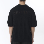 Multi Crochet Slit Neck Knitted Polo Shirt [Black]
