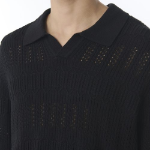 Multi Crochet Slit Neck Knitted Polo Shirt [Black]