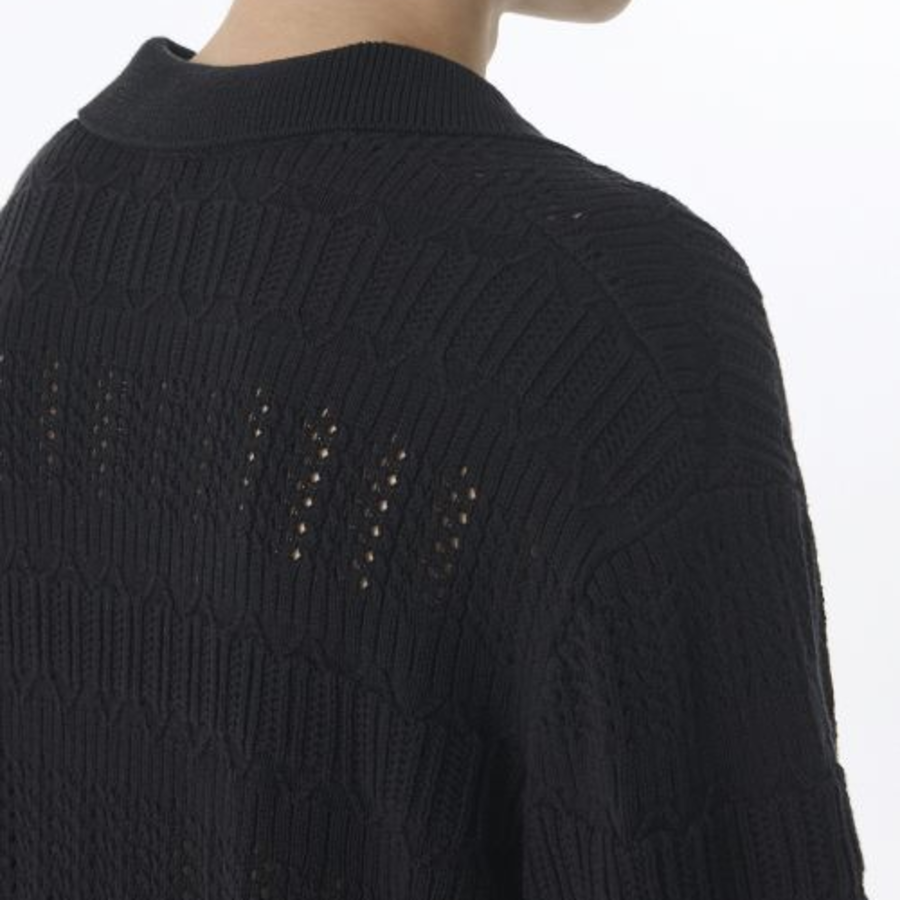 Multi Crochet Slit Neck Knitted Polo Shirt [Black]