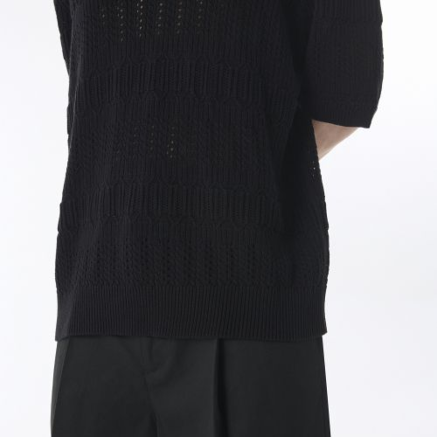 Multi Crochet Slit Neck Knitted Polo Shirt [Black]