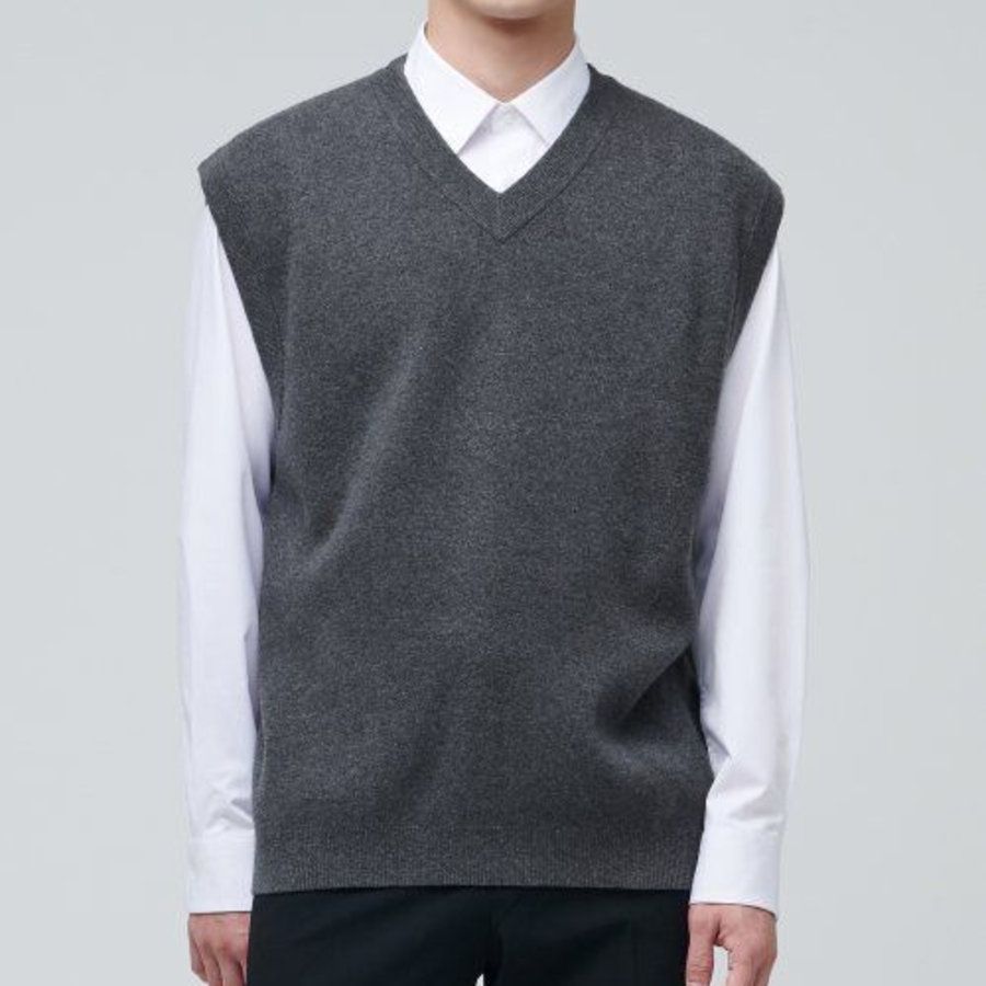 Lambswool V-Neck Knit Vest [Medium Grey]
