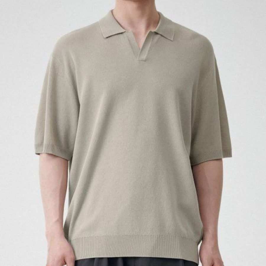 Cool Touch Slit Neck Knitted Polo Shirt [Grayish Beige]