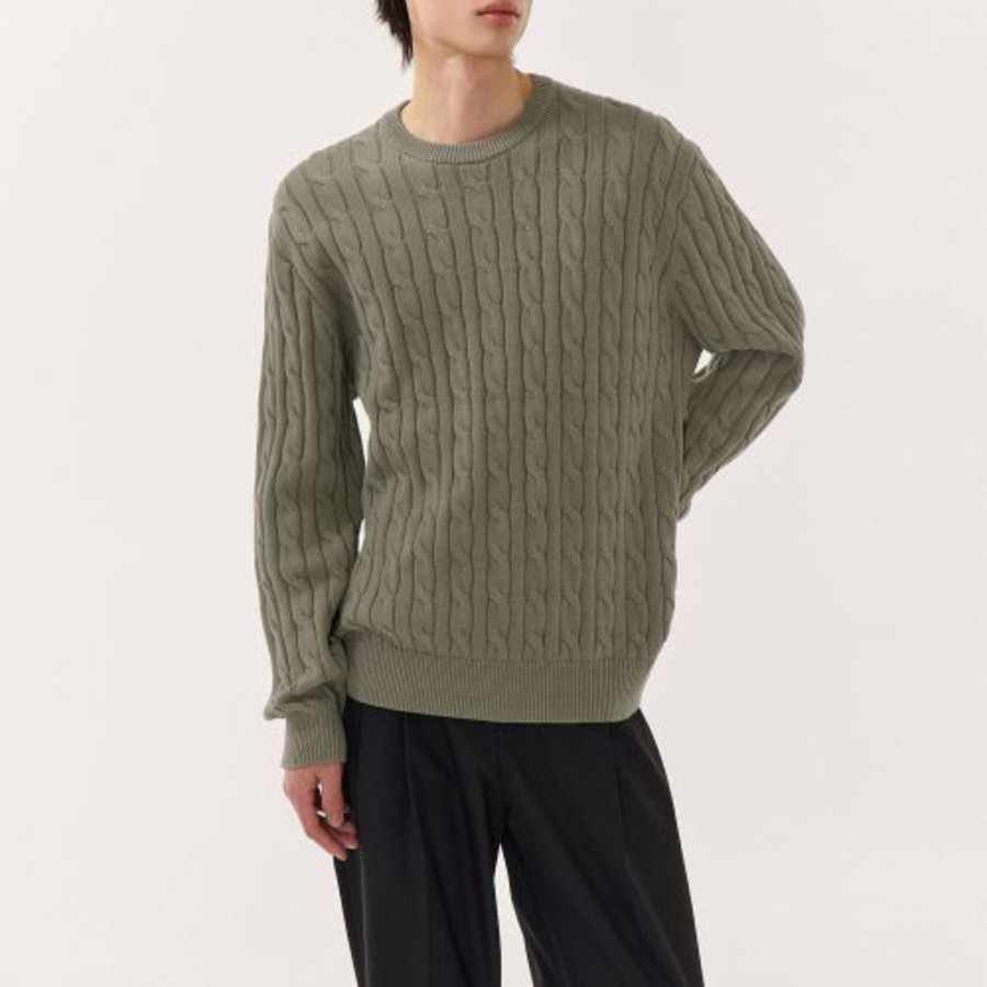 Cotton Cable Crew Neck Knit — Sage