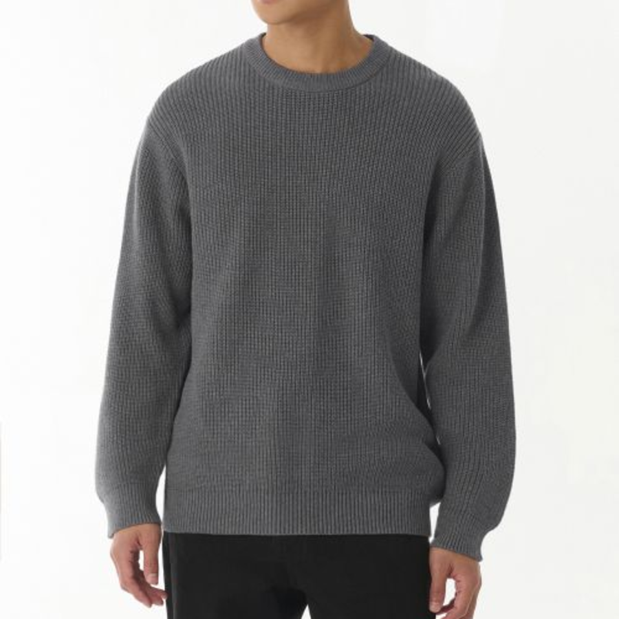 Cotton Ribbed Crew Neck Knit — Gray