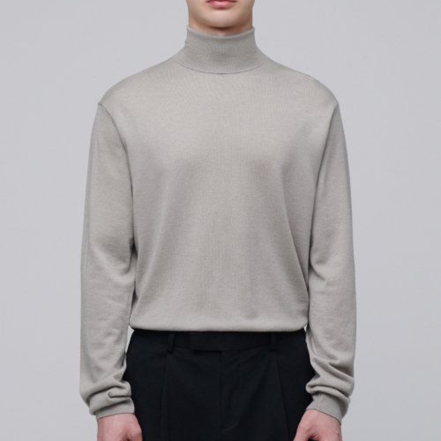 Merino Wool Blend High Gauge Turtleneck Knit — Mushroom