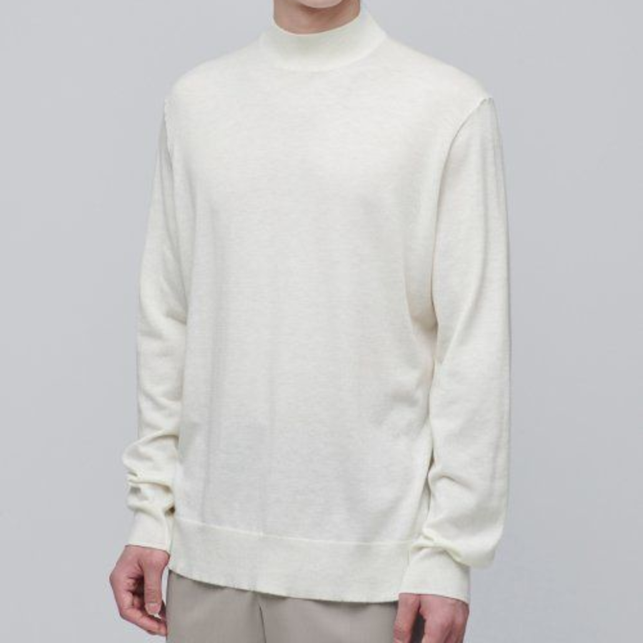 Merino Wool Blend High Gauge Mock Neck Knit — Ivory
