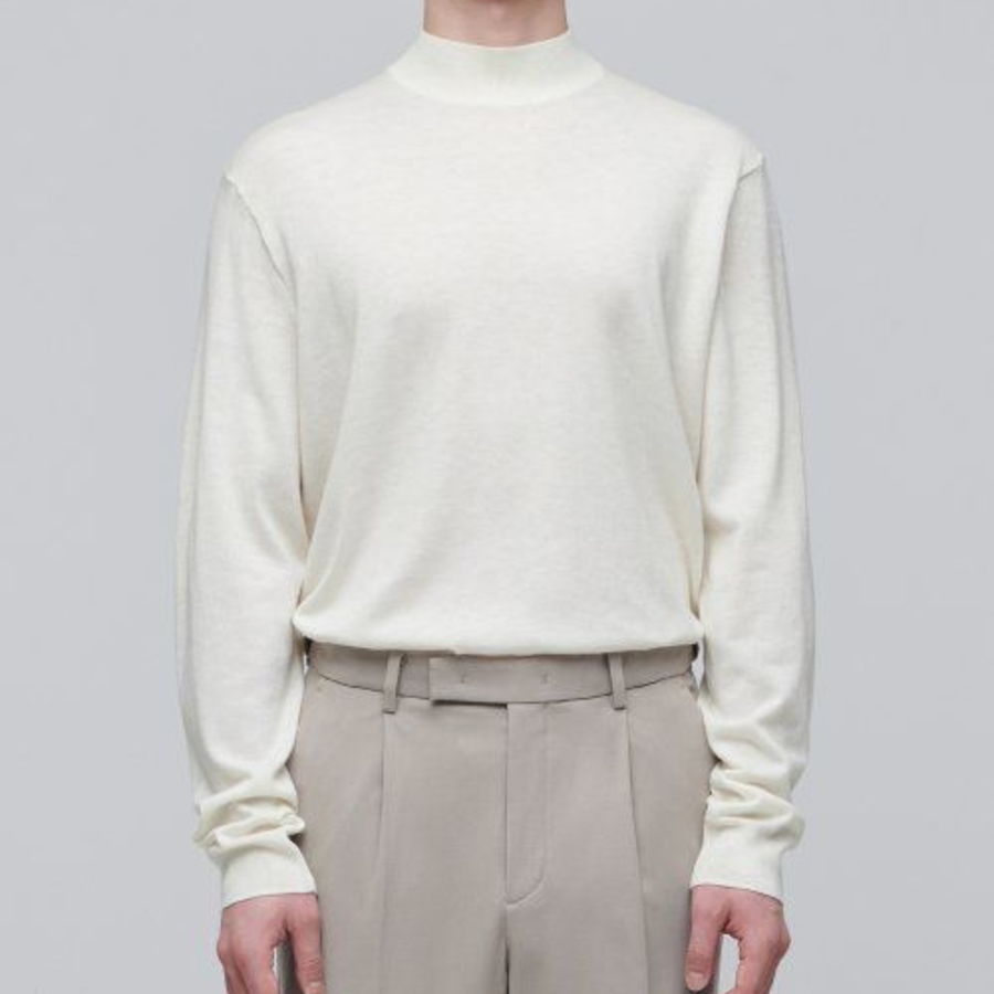 Merino Wool Blend High Gauge Mock Neck Knit — Ivory