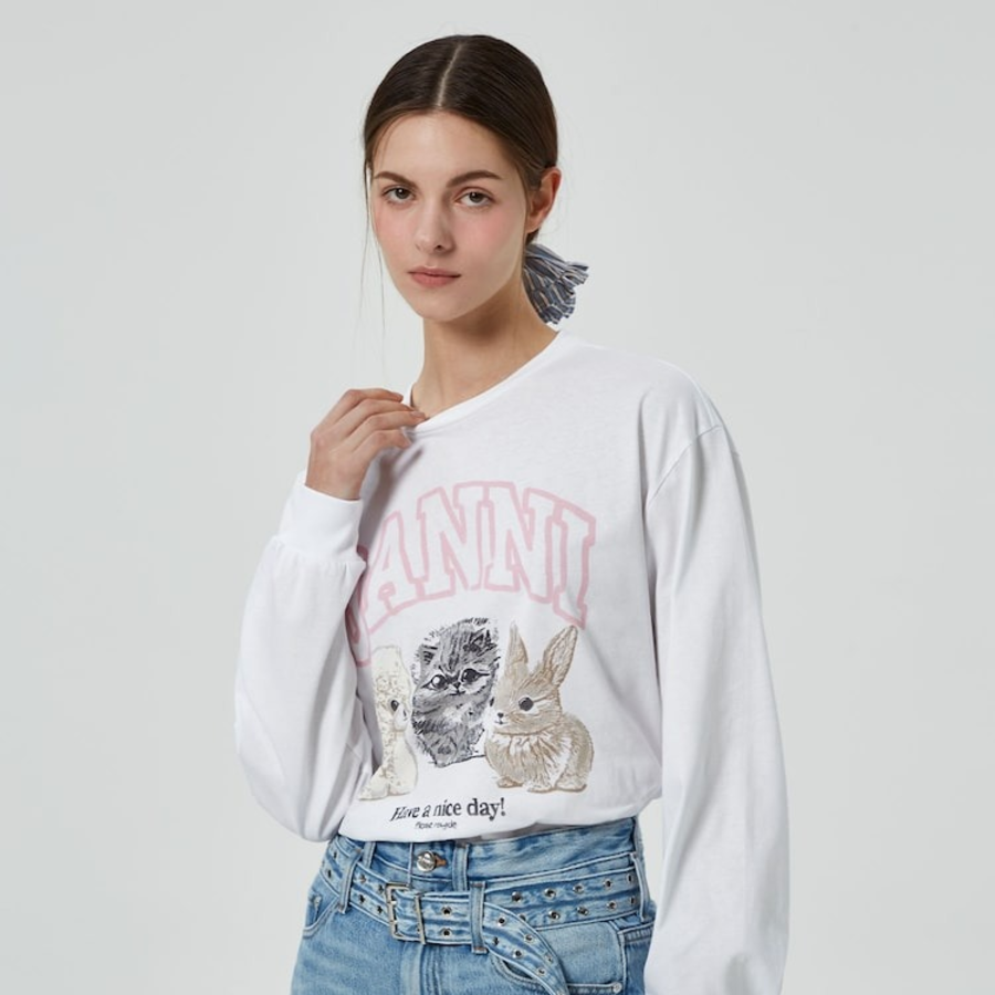 GANNI Re-cut Heavy Jersey Animals Long sleeve – White