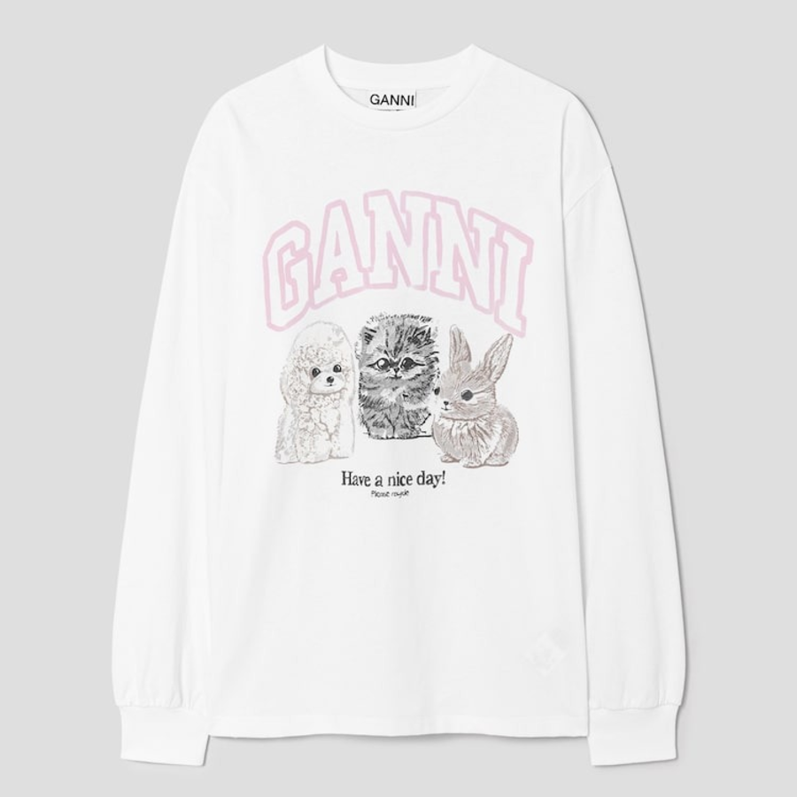 GANNI Re-cut Heavy Jersey Animals Long sleeve – White