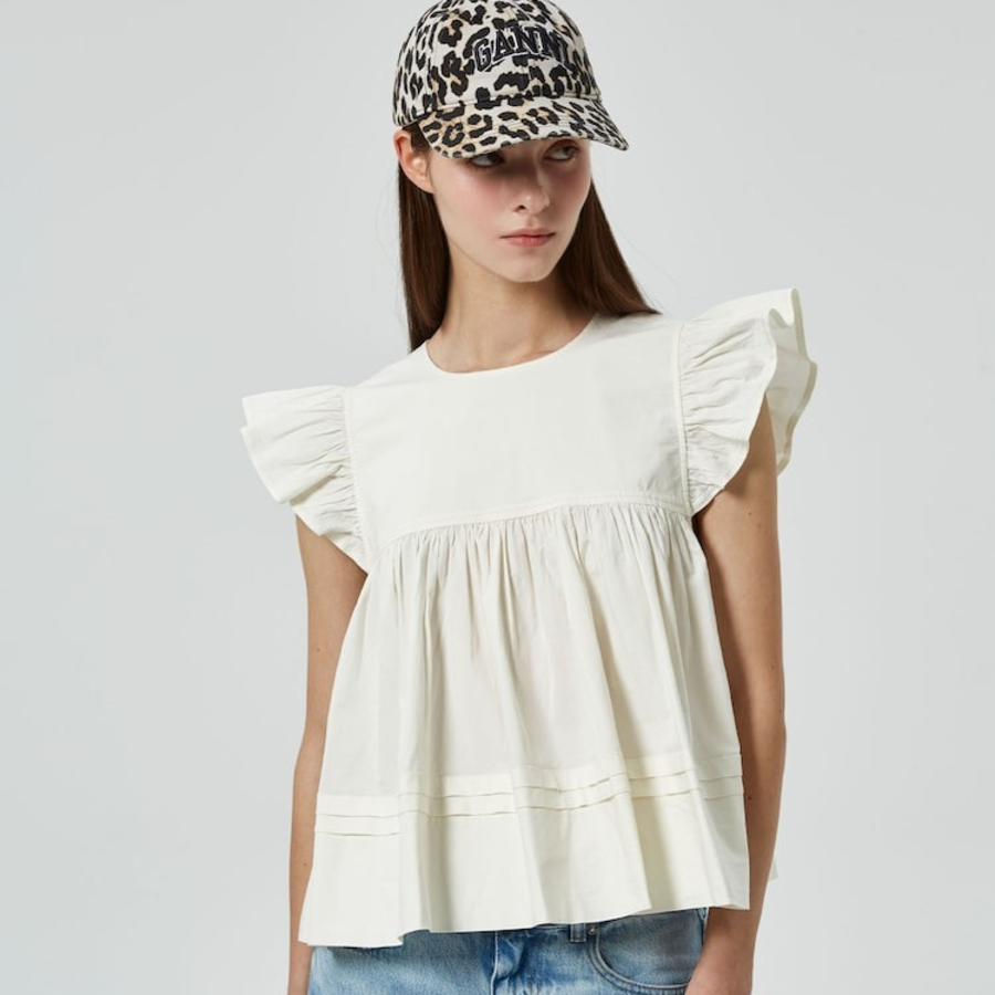 GANNI Stretch Cotton Frill Sleeve Top – Ivory