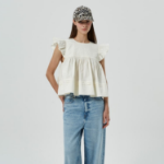 GANNI Stretch Cotton Frill Sleeve Top – Ivory