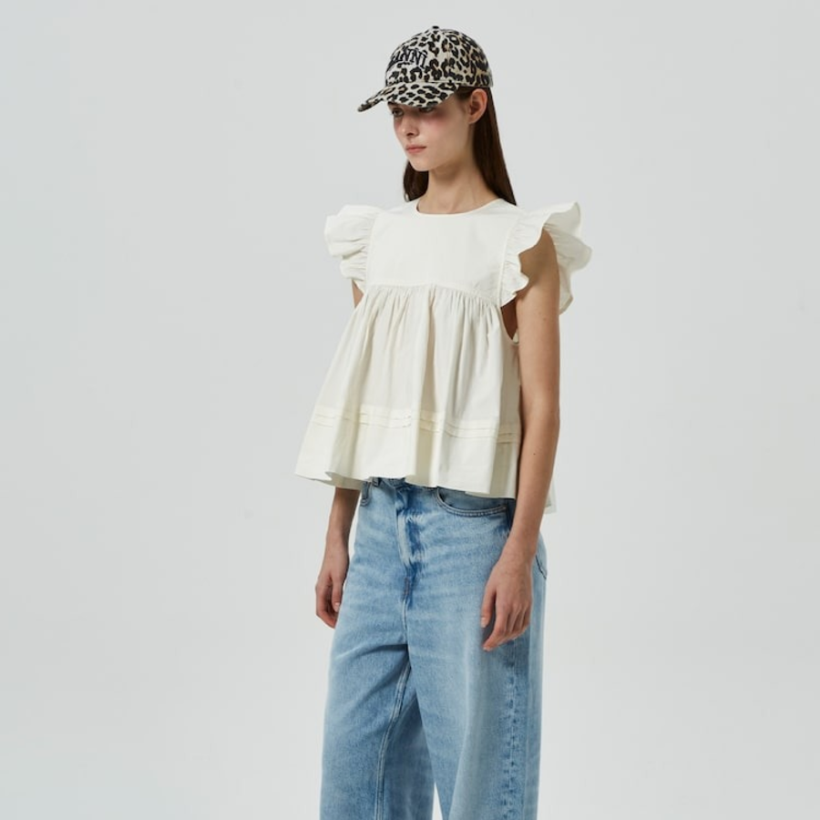 GANNI Stretch Cotton Frill Sleeve Top – Ivory