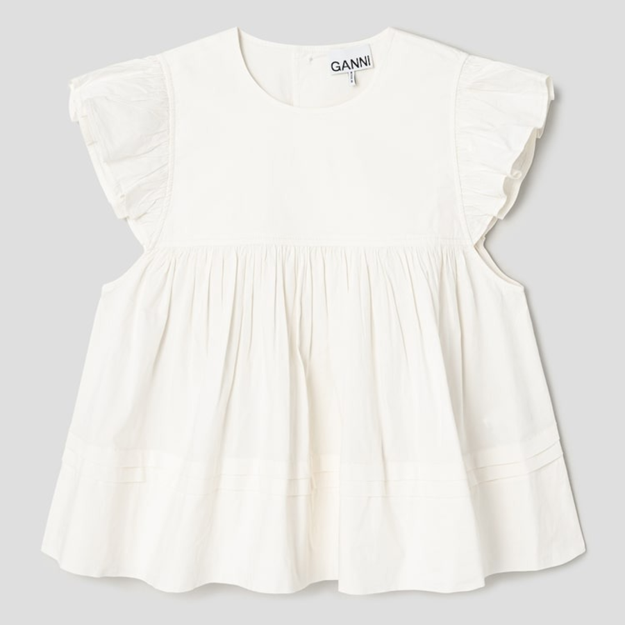 GANNI Stretch Cotton Frill Sleeve Top – Ivory