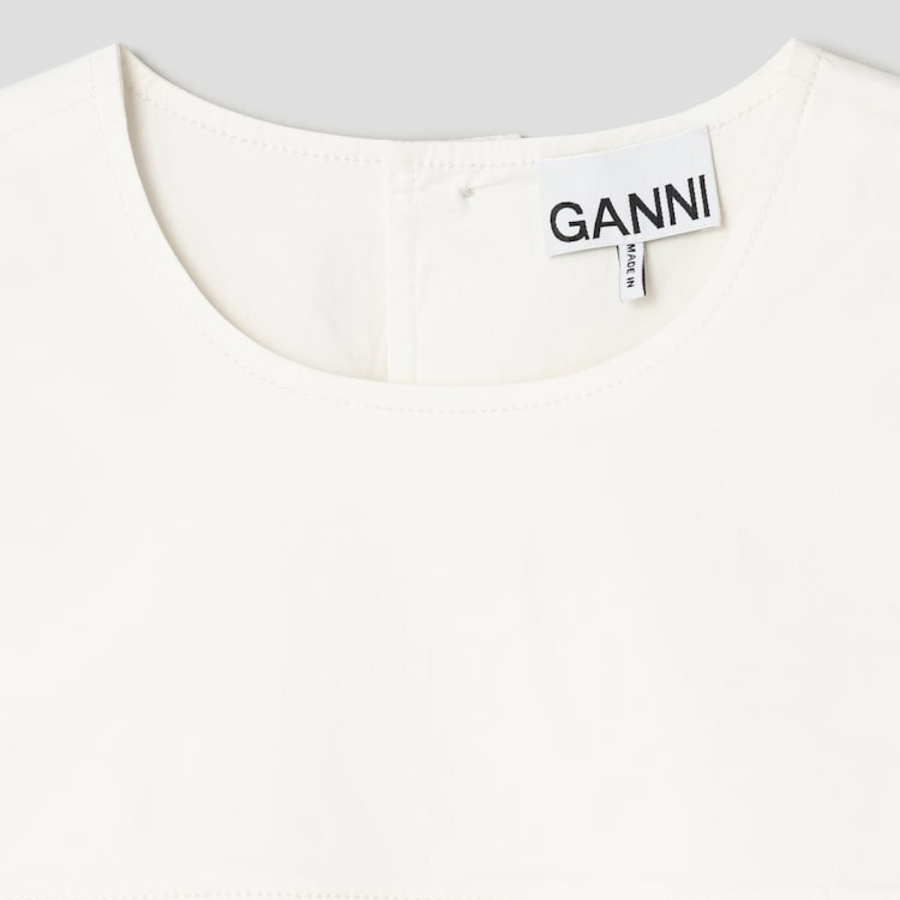 GANNI Stretch Cotton Frill Sleeve Top – Ivory