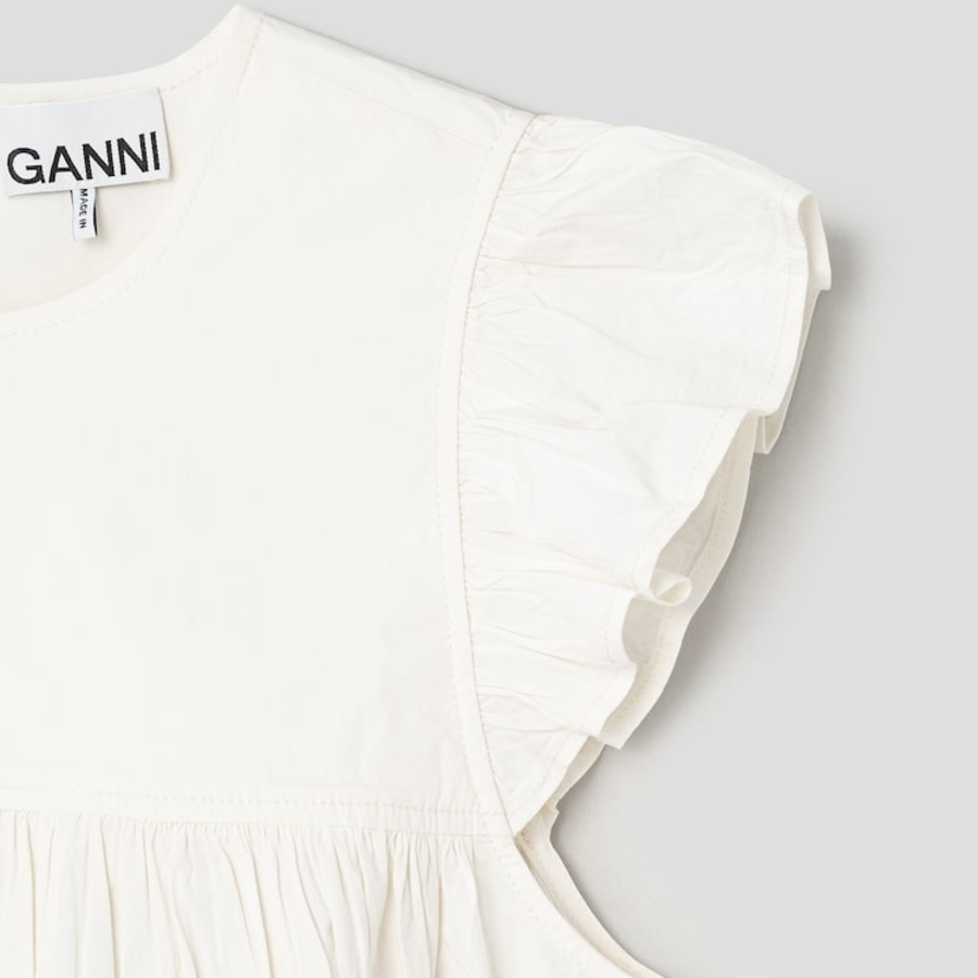 GANNI Stretch Cotton Frill Sleeve Top – Ivory