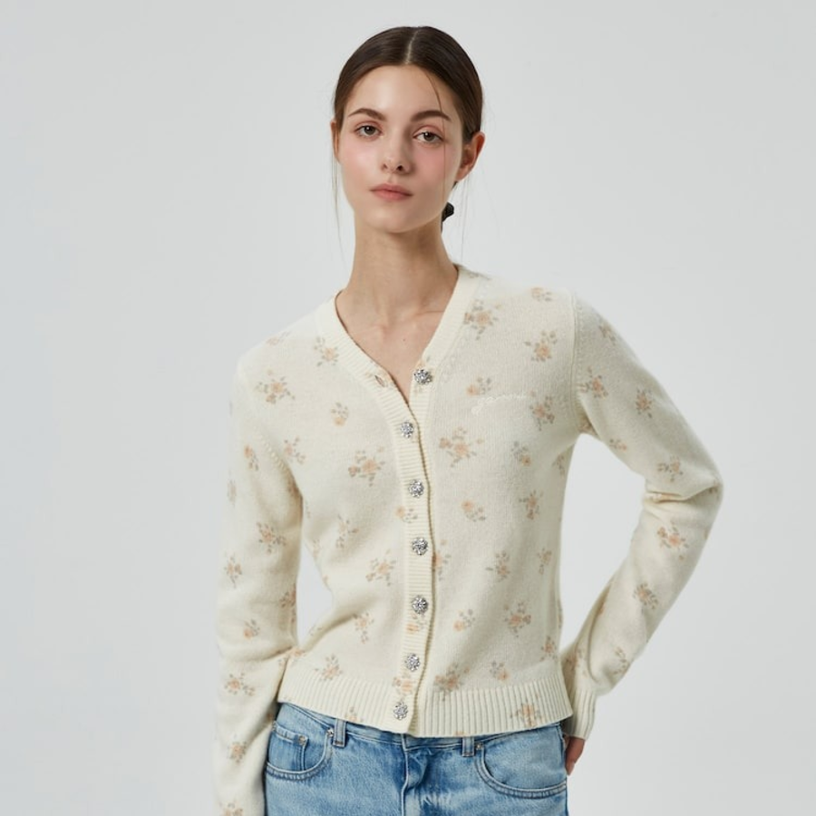 GANNI Printed Wool Mix Cardigan – Ivory
