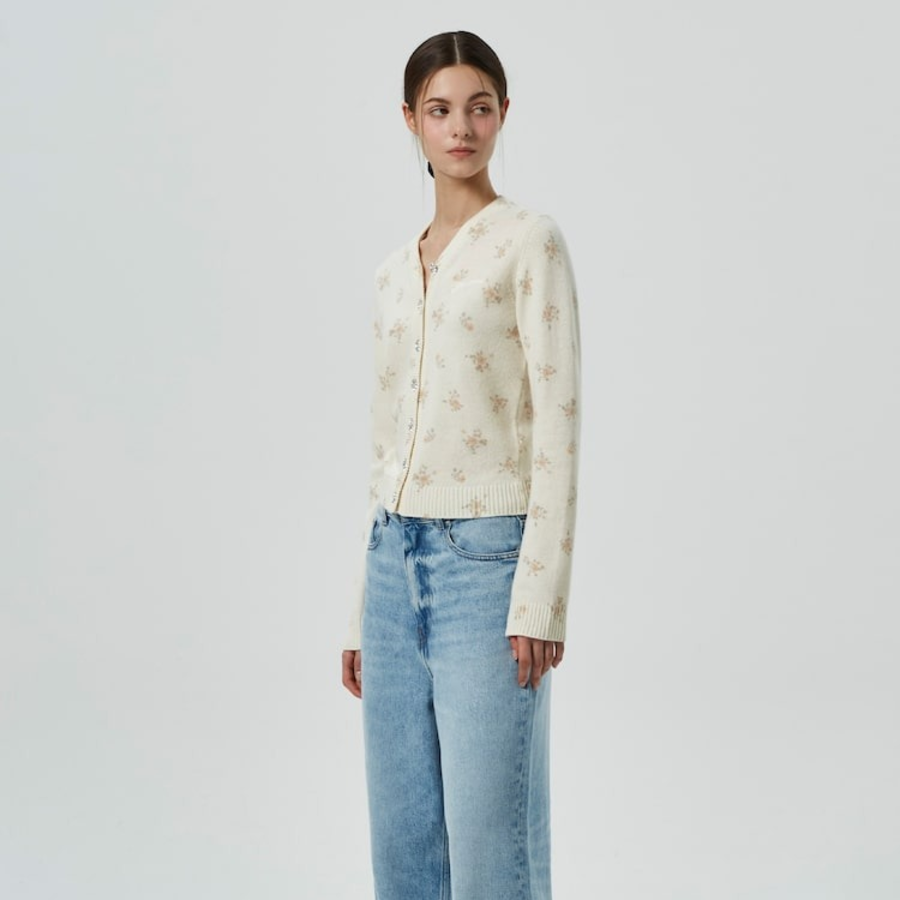 GANNI Printed Wool Mix Cardigan – Ivory