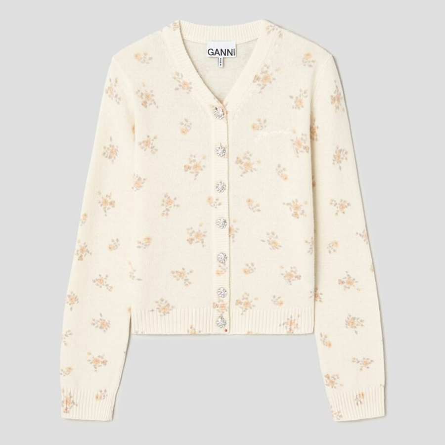 GANNI Printed Wool Mix Cardigan – Ivory