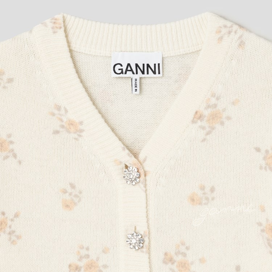 GANNI Printed Wool Mix Cardigan – Ivory