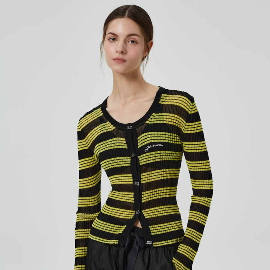 GANNI Sheer Cotton Rib Knit Cardigan – Black