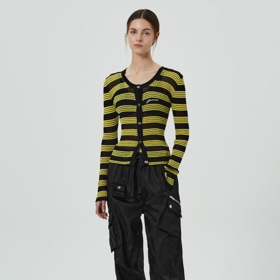 GANNI Sheer Cotton Rib Knit Cardigan – Black