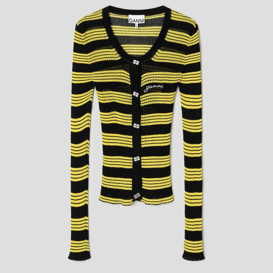 GANNI Sheer Cotton Rib Knit Cardigan – Black